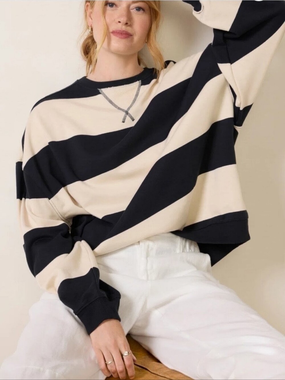 FREE PEOPLE Wide Stripe Cream Black Crew Neck Oversized Pullover XS NWT